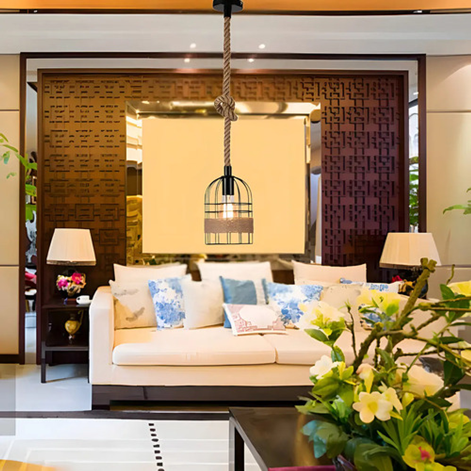 Lampara Colgante Rustica Tipo Jaula Con Cordon + Ampolleta 6