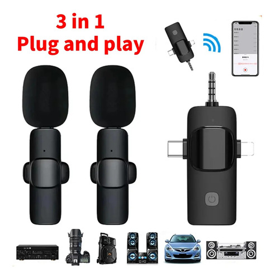 Micrófono Lavalier Inalámbrico Thek 3 En 1 iPhone Android Cámaras Negro 3