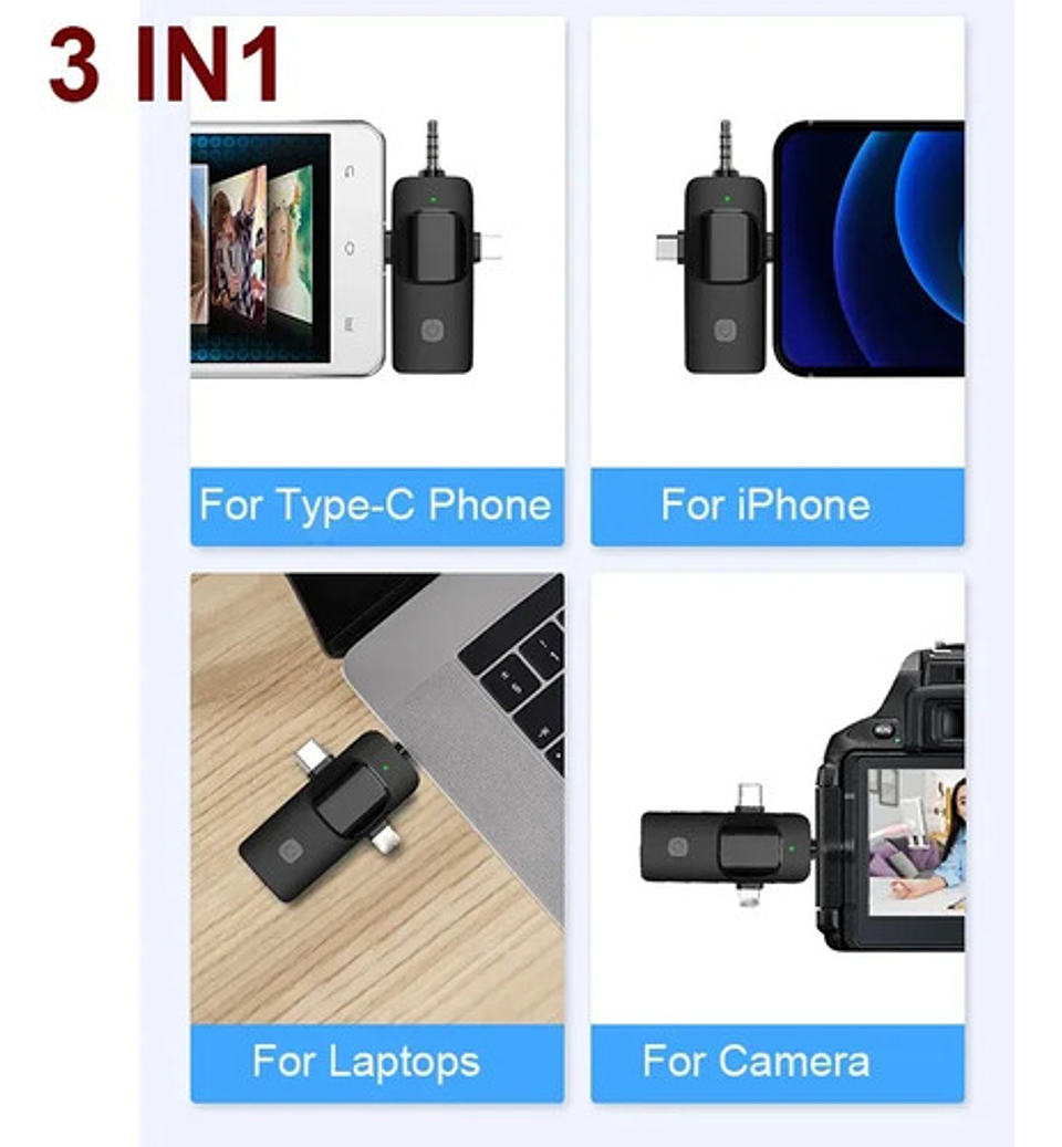 Micrófono Lavalier Inalámbrico Thek 3 En 1 iPhone Android Cámaras Negro 5