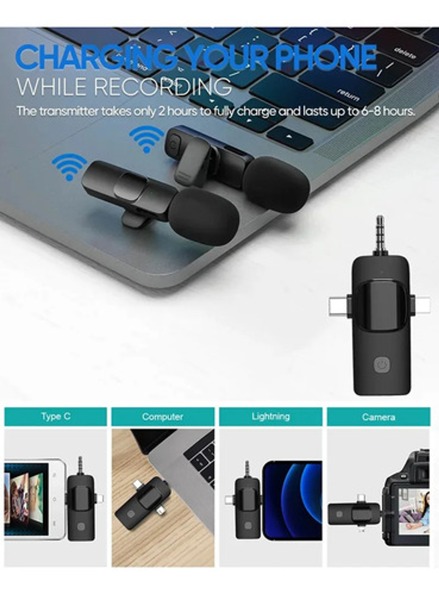 Micrófono Lavalier Inalámbrico Thek 3 En 1 iPhone Android Cámaras Negro 6