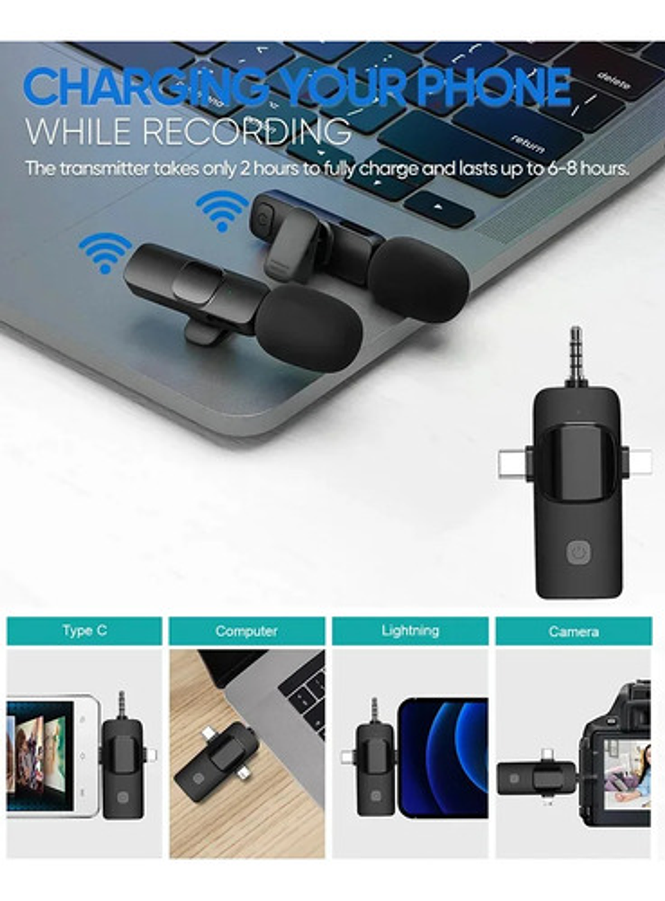 Micrófono Lavalier Inalámbrico Thek 3 En 1 iPhone Android Cámaras Negro 6