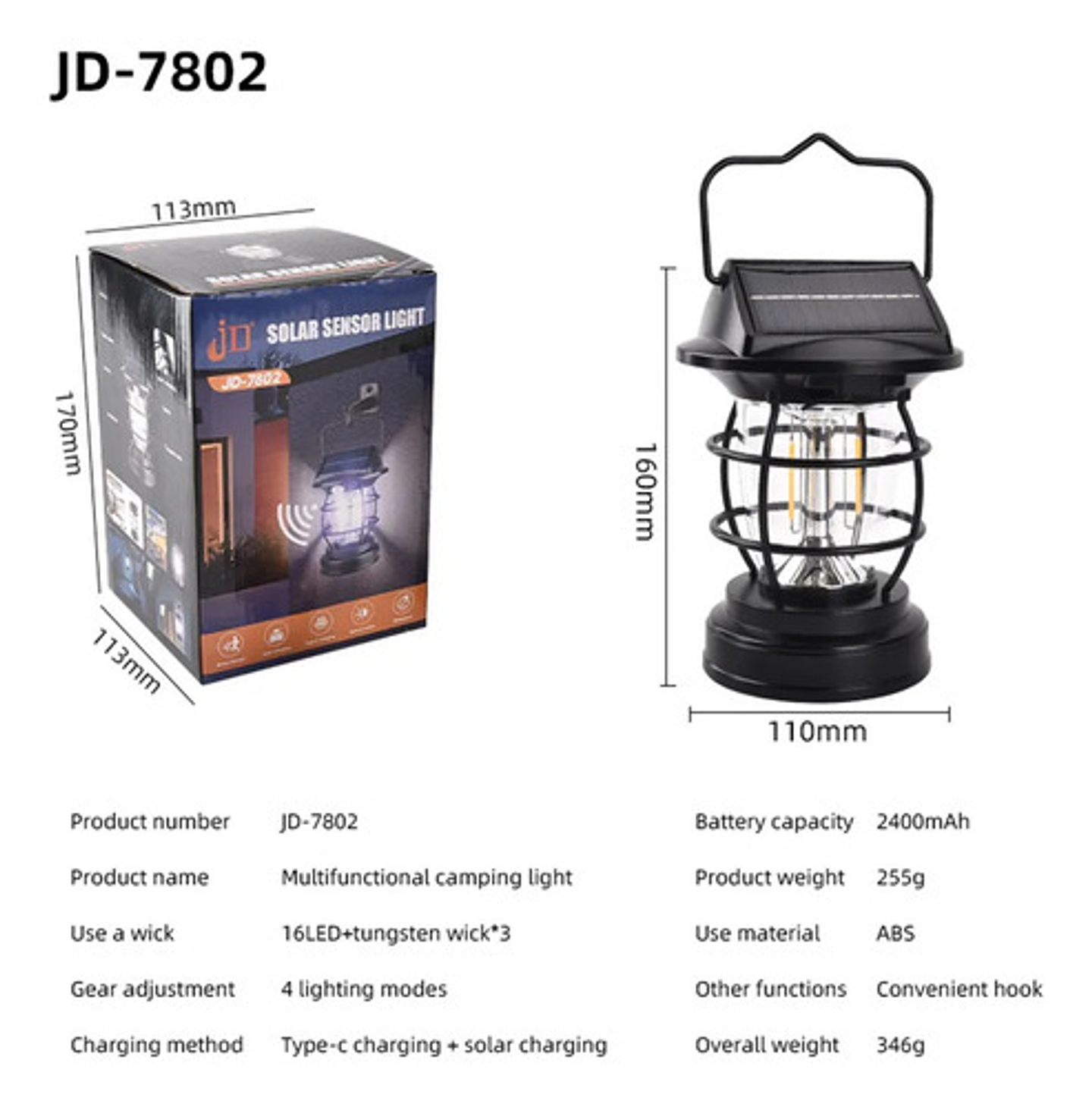 Linterna Solar Recargable Usb Thek Jd-7801 Led Sensor Movimiento Acampar Negro 5
