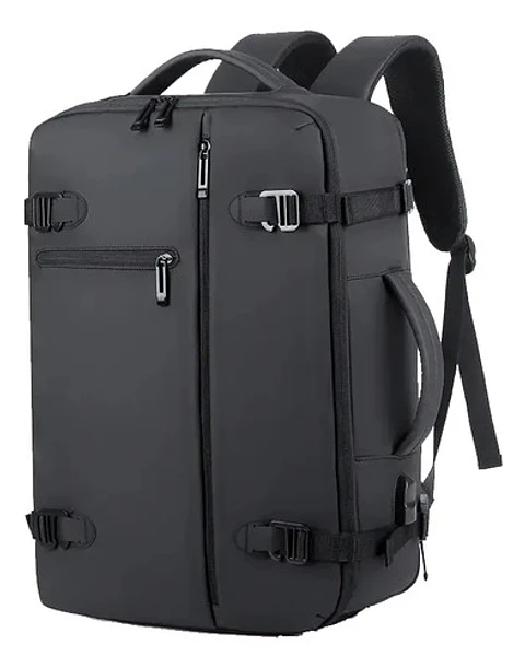 Mochila Viaje Puou Negro Impermeable Expandible 40l Porta Laptop 16  Liso
