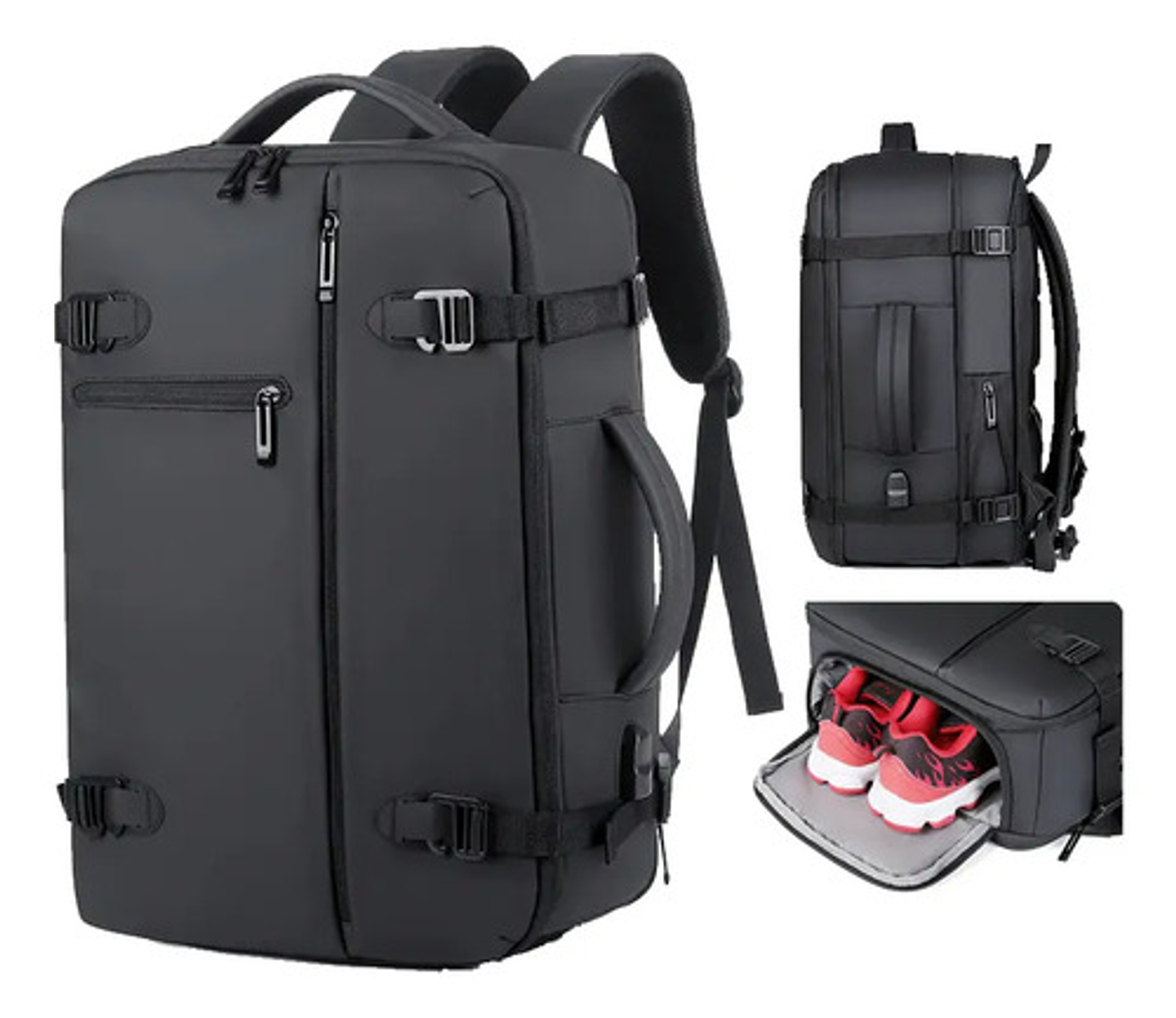 Mochila Viaje Puou Negro Impermeable Expandible 40l Porta Laptop 16  Liso 2