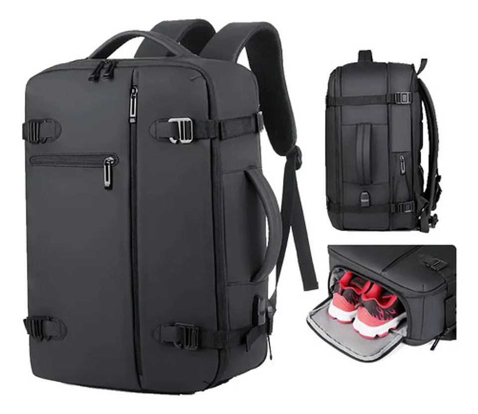 Mochila Viaje Puou Negro Impermeable Expandible 40l Porta Laptop 16  Liso 2