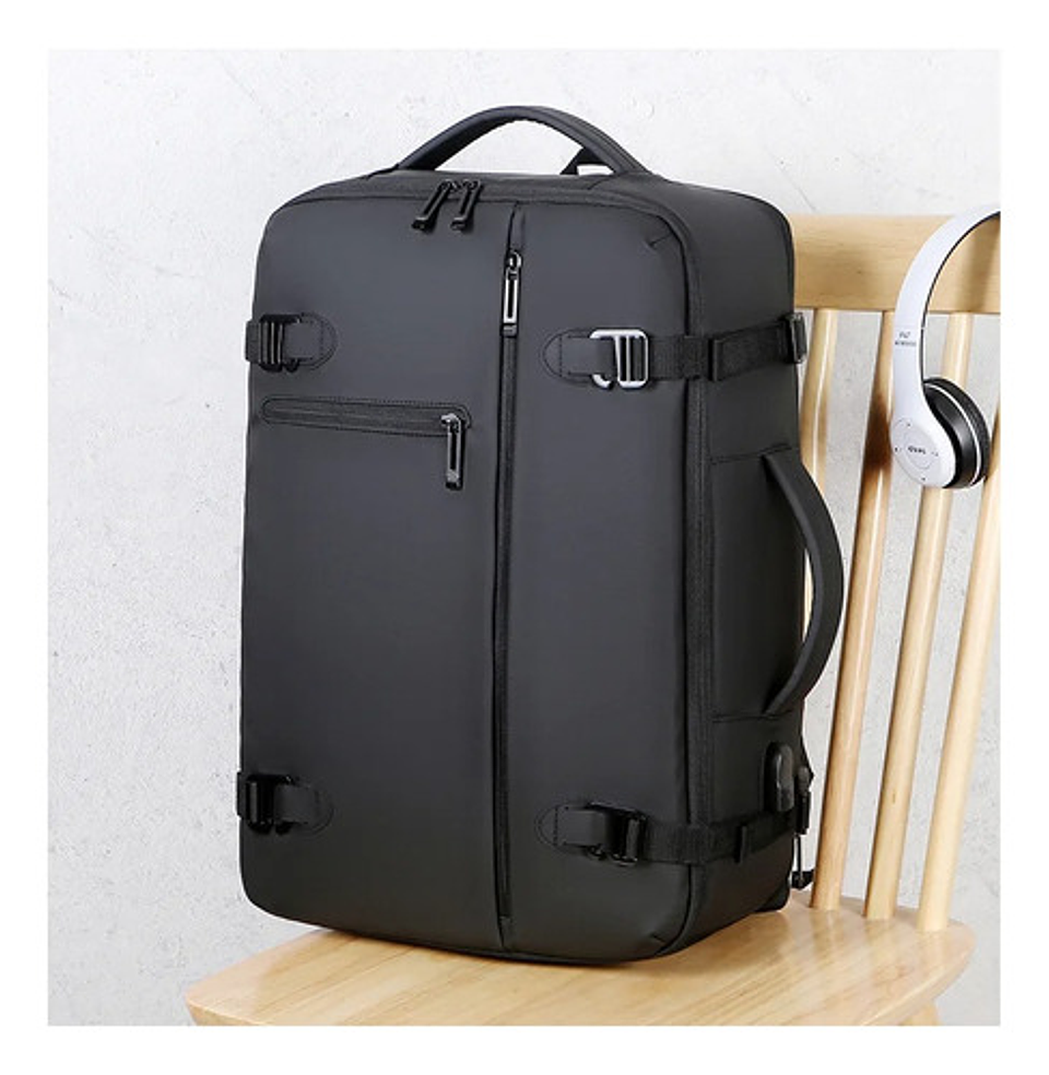 Mochila Viaje Puou Negro Impermeable Expandible 40l Porta Laptop 16  Liso 11