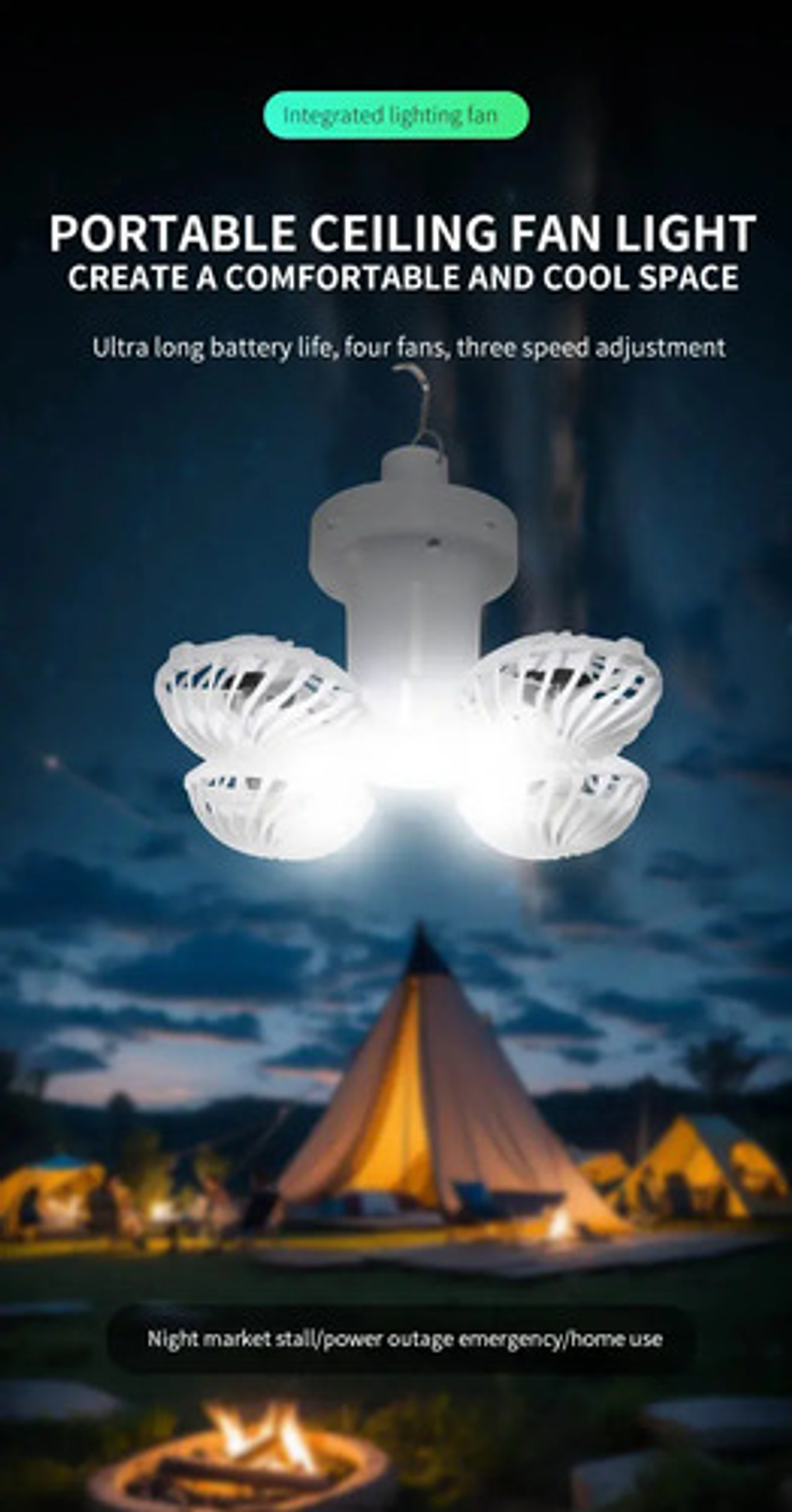 Ventilador Solar 2 En 1 Con Luz Led Plegable Camping Exterio Blanco 4