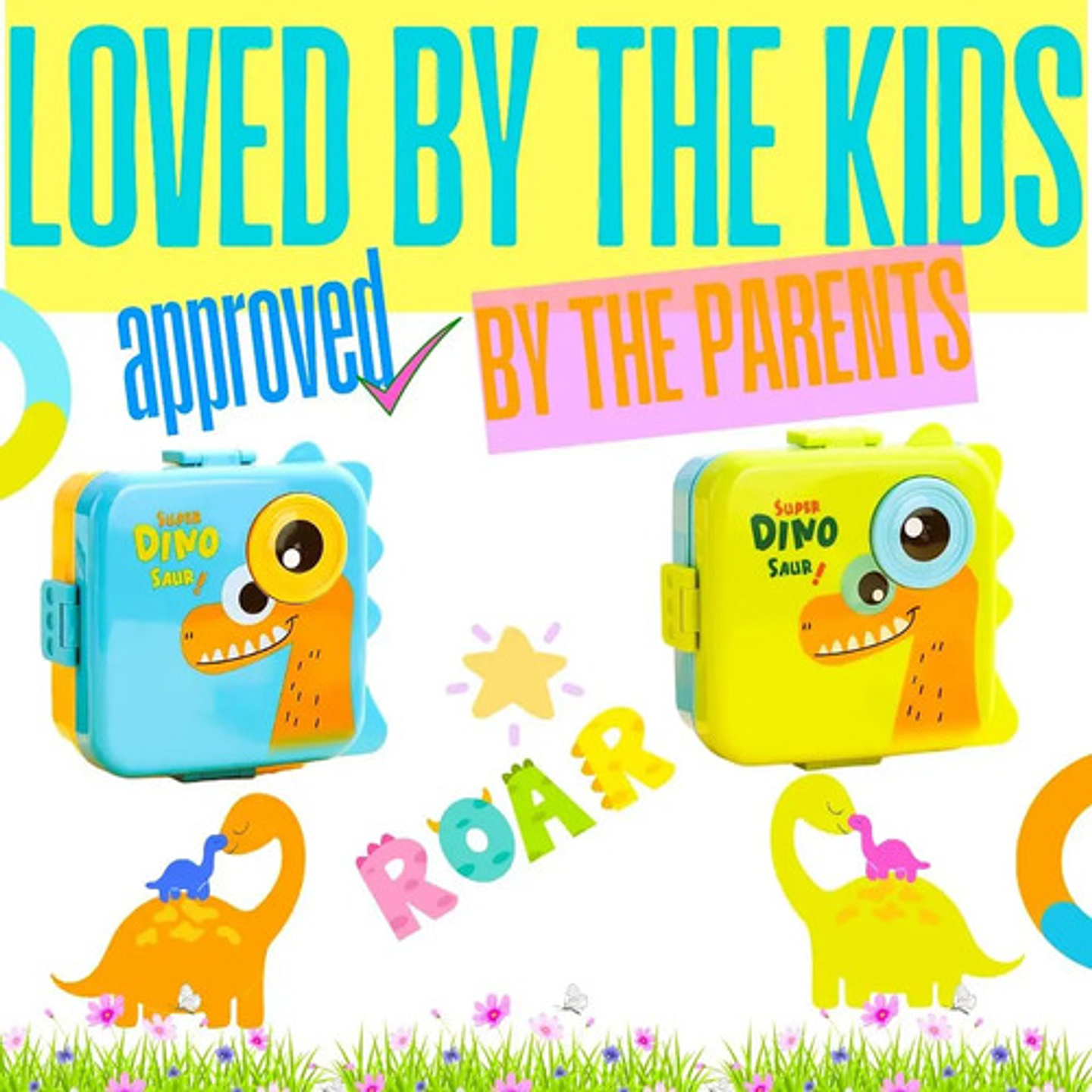 Lonchera Infantil Super Dino Con Compartimentos + Taza 7