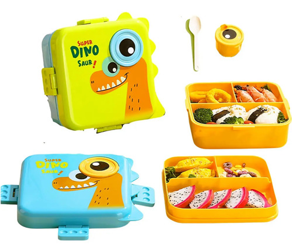 Lonchera Infantil Super Dino Con Compartimentos + Taza 5