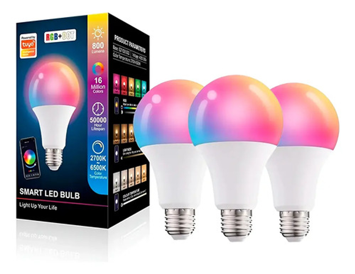 Pack 3 Ampolletas Inteligentes Rgb Cct Wifi Tuya 9w 1
