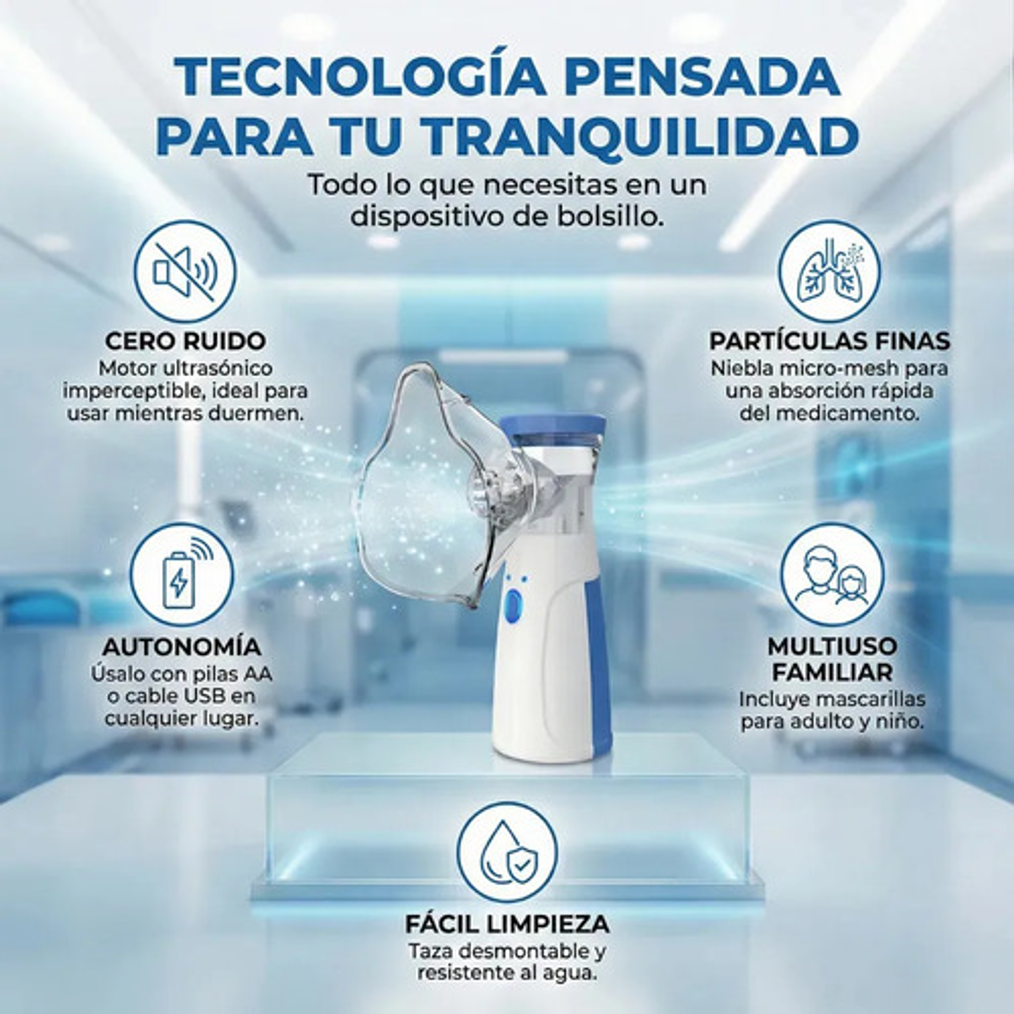 Nebulizador Ultrasónico Portátil Inalámbrico Silencioso Micromalla Mesh Blanco/azul 4