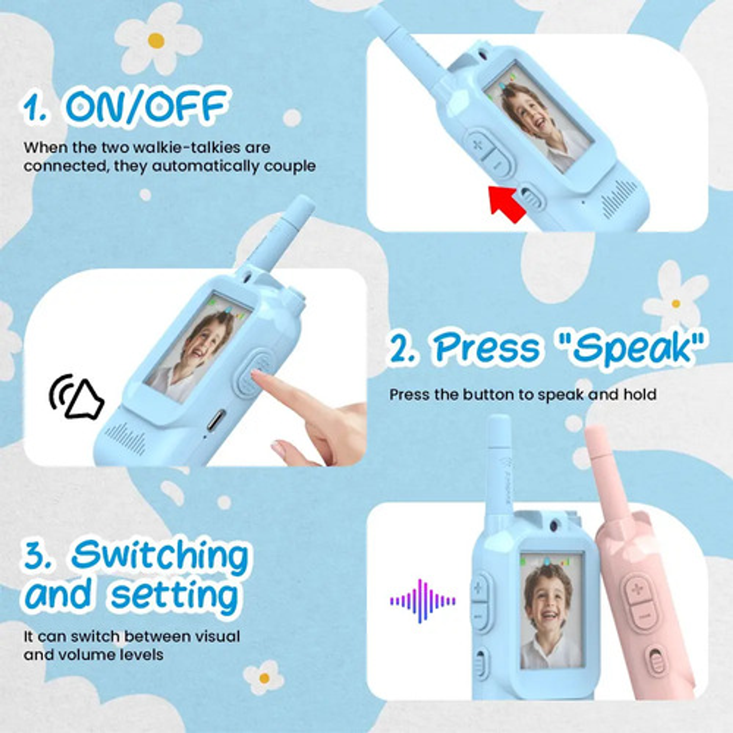 Walkie Talkie Infantil Con Videollamada Alcance 200m Rosa Claro Celeste 8