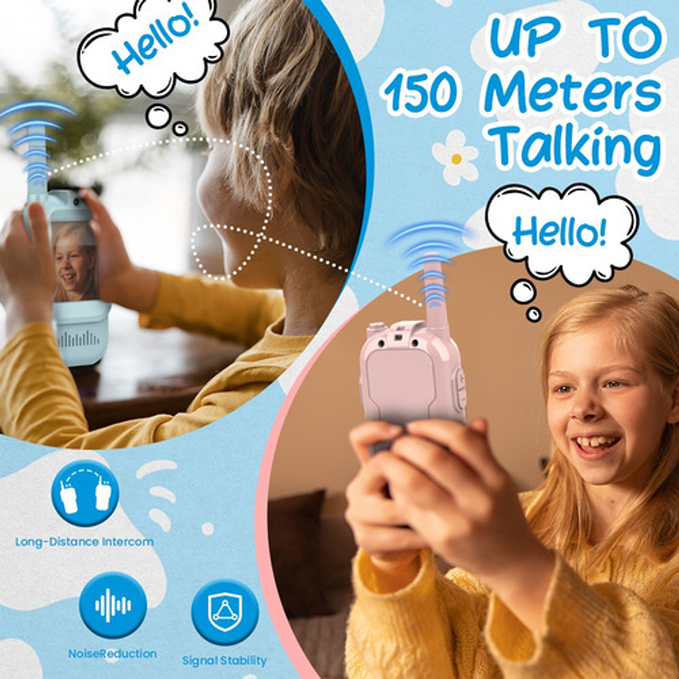 Walkie Talkie Infantil Con Videollamada Alcance 200m Rosa Claro Celeste 2