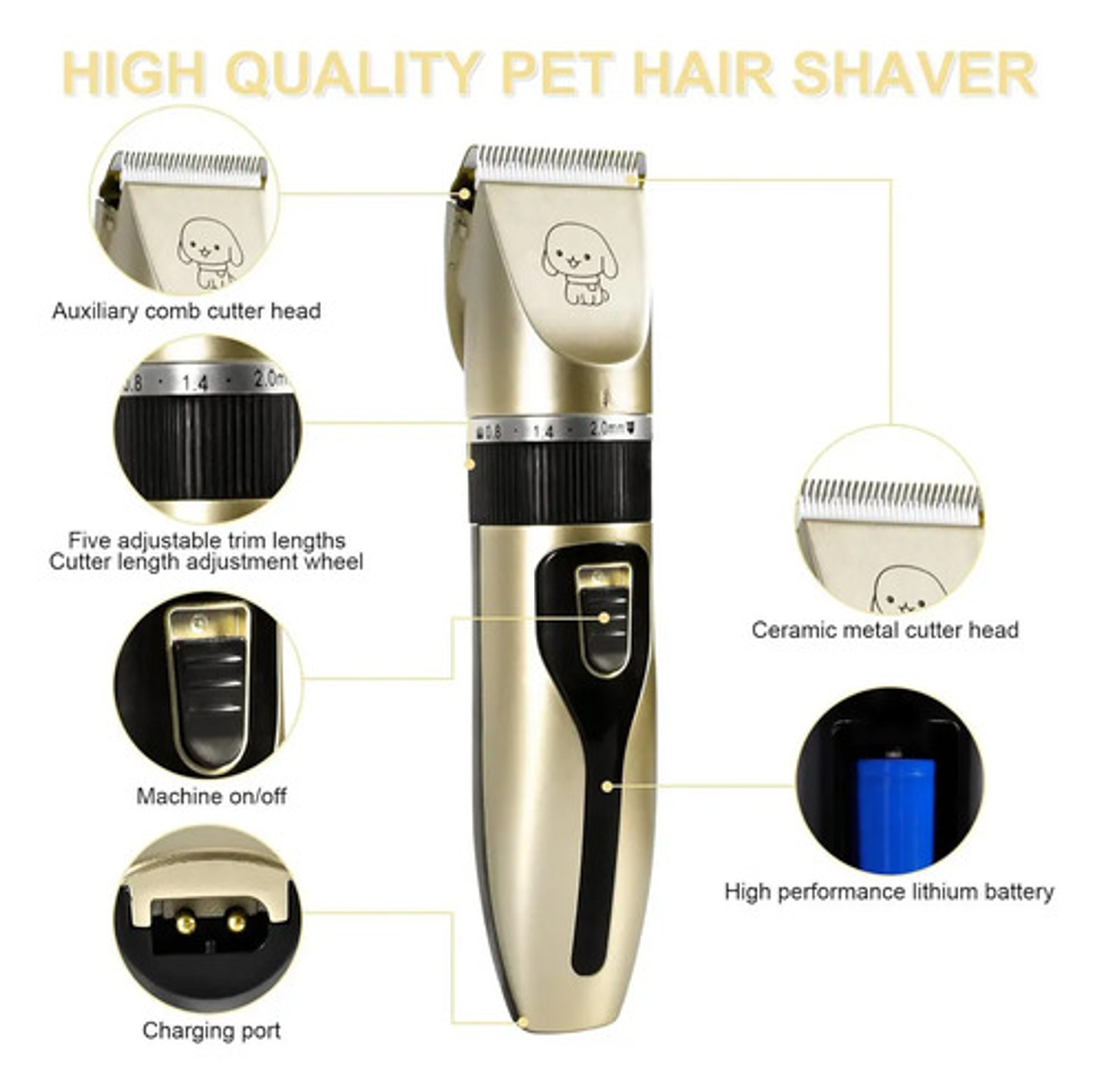 Kit Máquina De Cortar Pelo Mascotas 12 Piezas Silenciosa Dorado 2