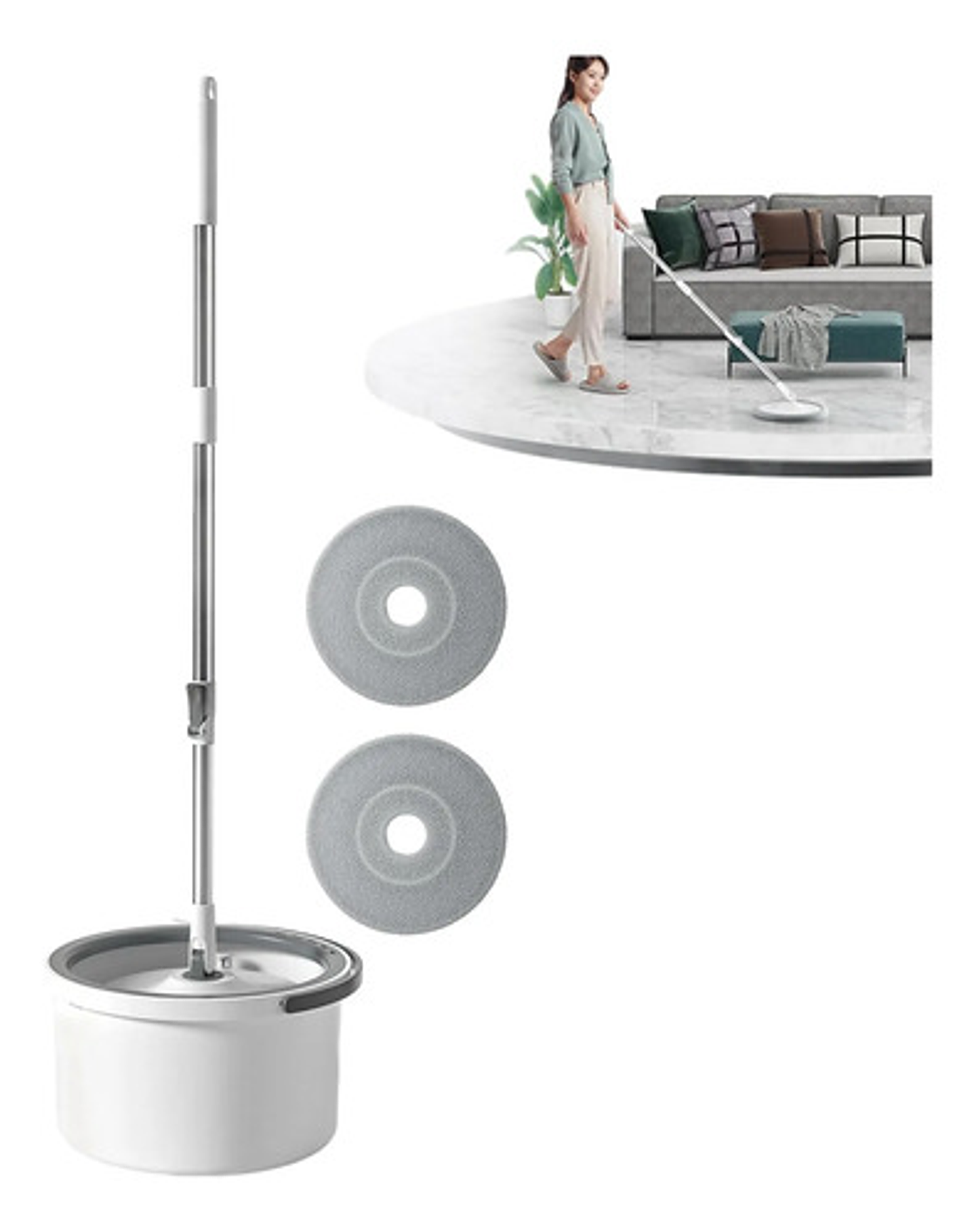 Mopa Trapeador Giratorio 360 Y Balde Escurridor Thek Acero Blanco 1