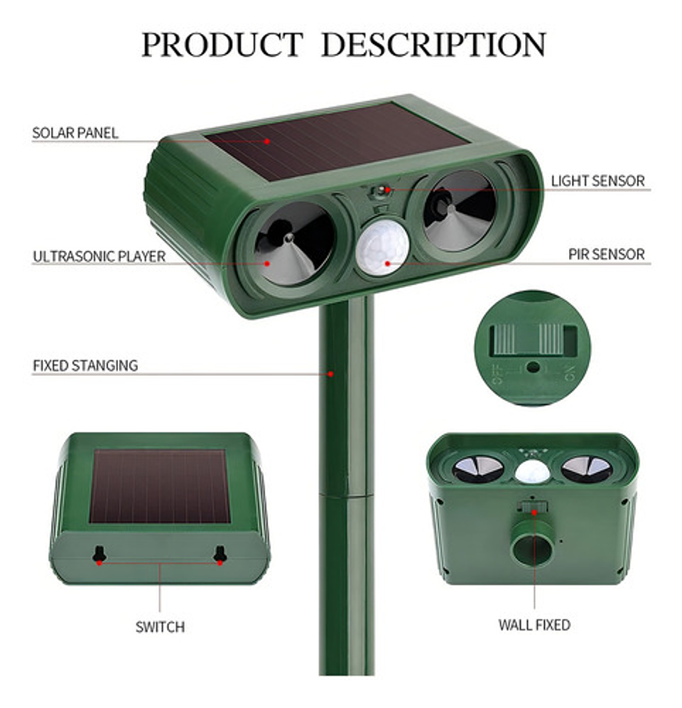 Repelente De Animales Solar Ahuyentador Jardín Ultrasónico Color Verde Oscuro 8