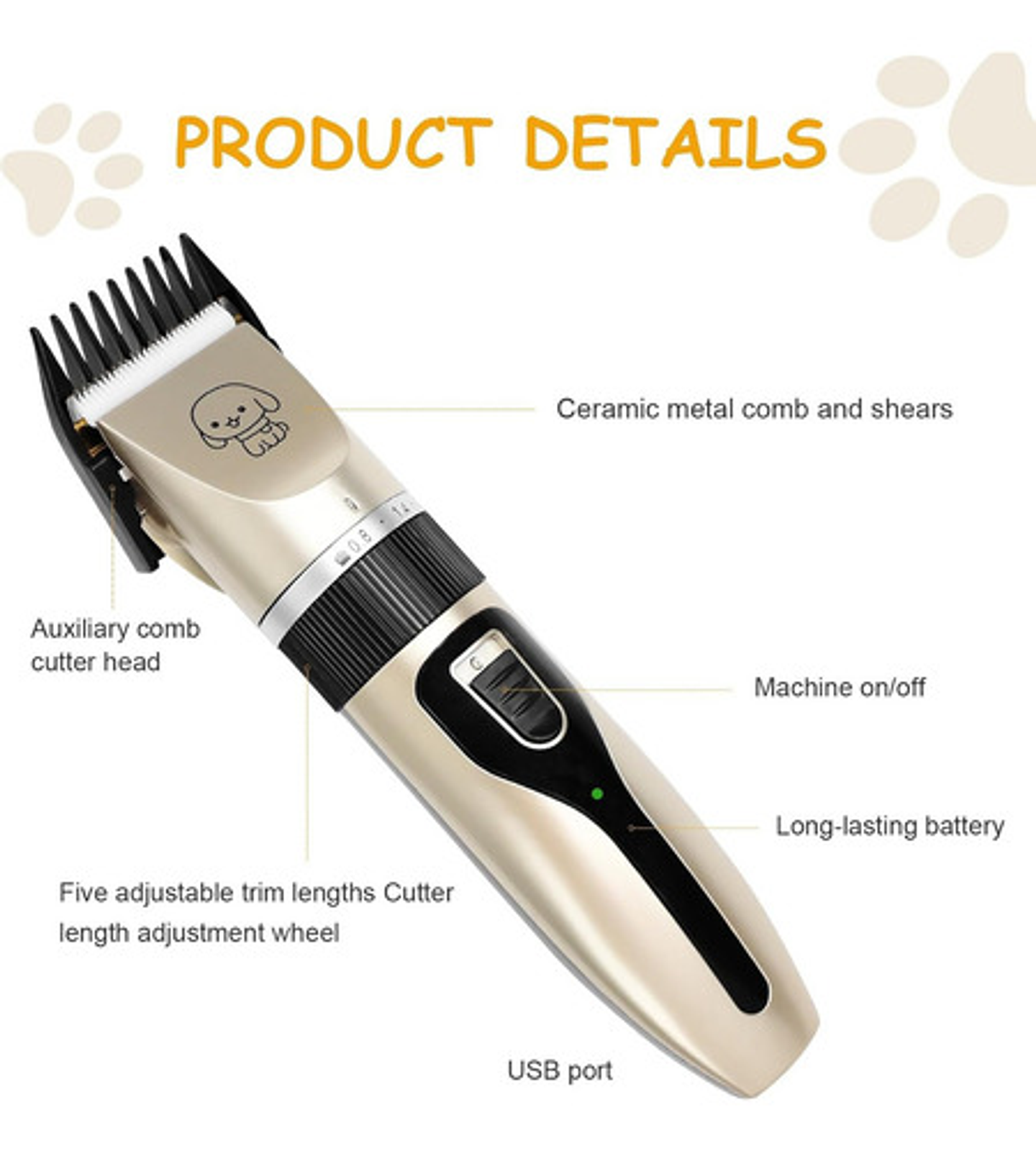 Kit Máquina De Cortar Pelo Mascotas 12 Piezas Silenciosa Dorado 4