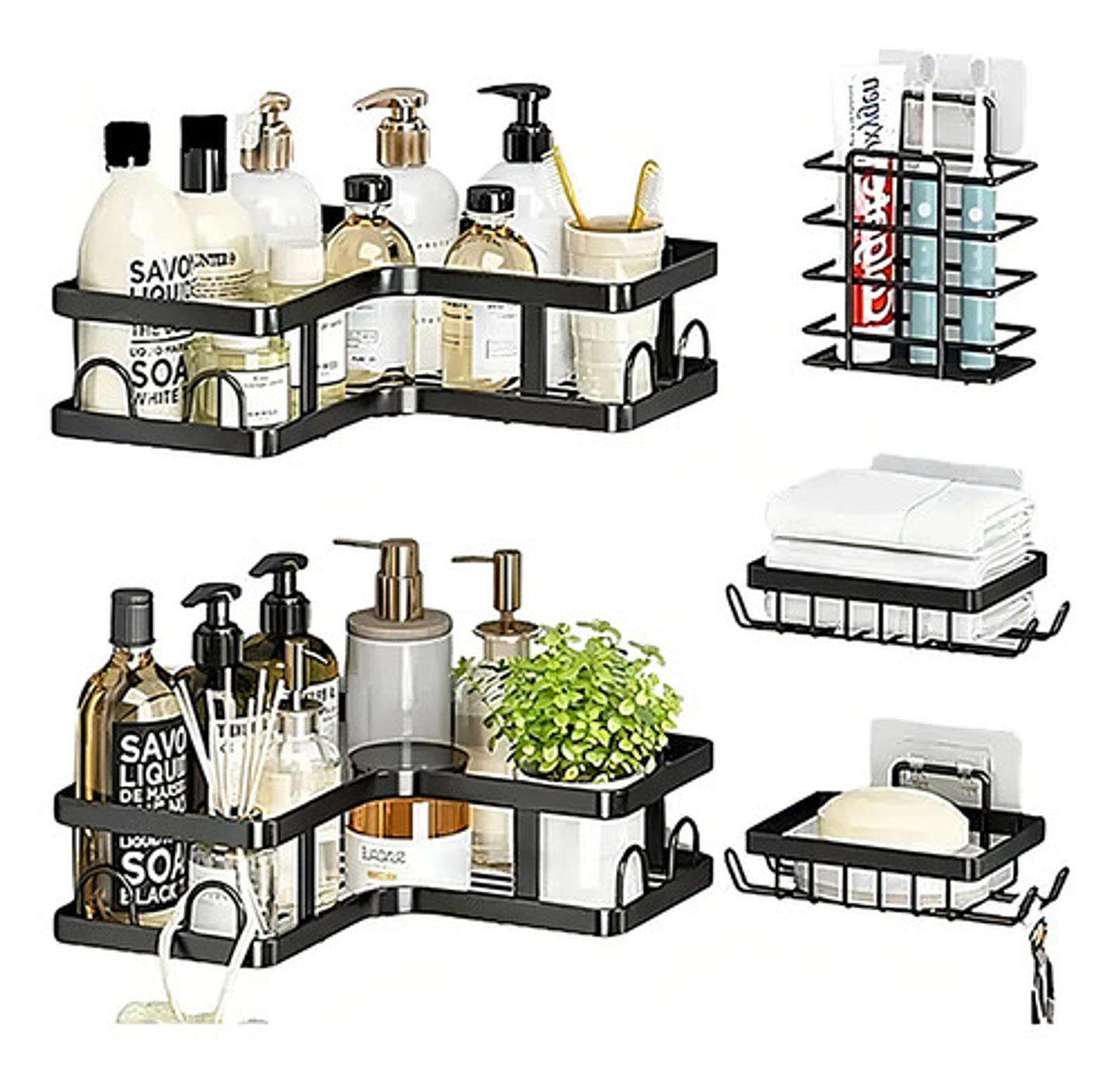 Set 5 Estantes Organizadores Baño Esquinero Adhesivo Negro 1
