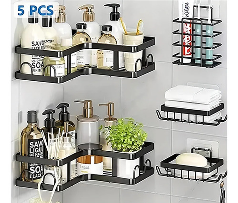 Set 5 Estantes Organizadores Baño Esquinero Adhesivo Negro 2