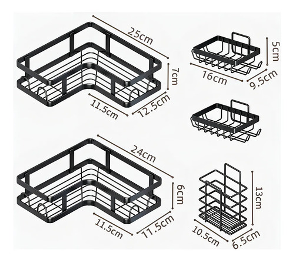 Set 5 Estantes Organizadores Baño Esquinero Adhesivo Negro 5