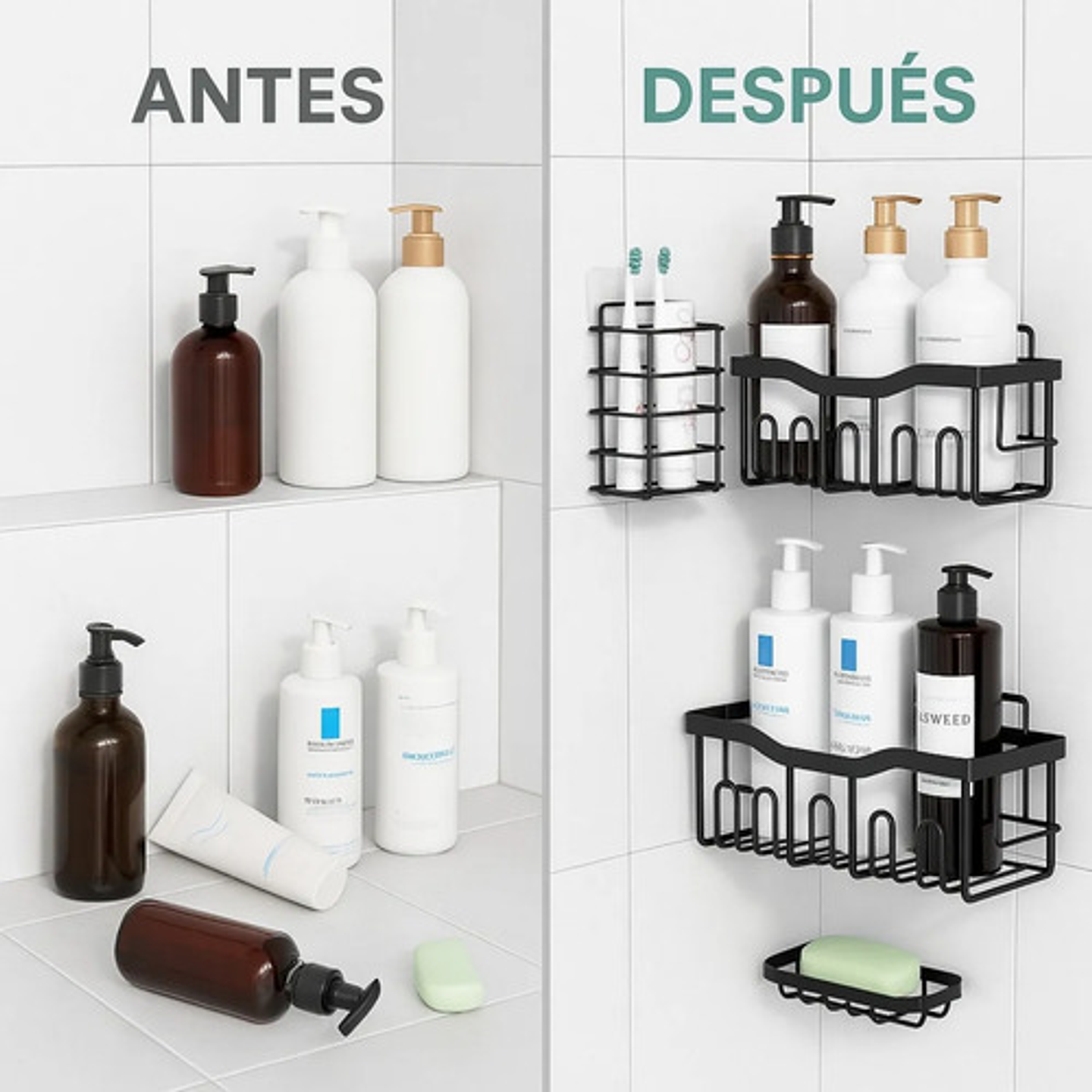 Set 5 Estantes Organizadores Baño Esquinero Adhesivo Negro 7