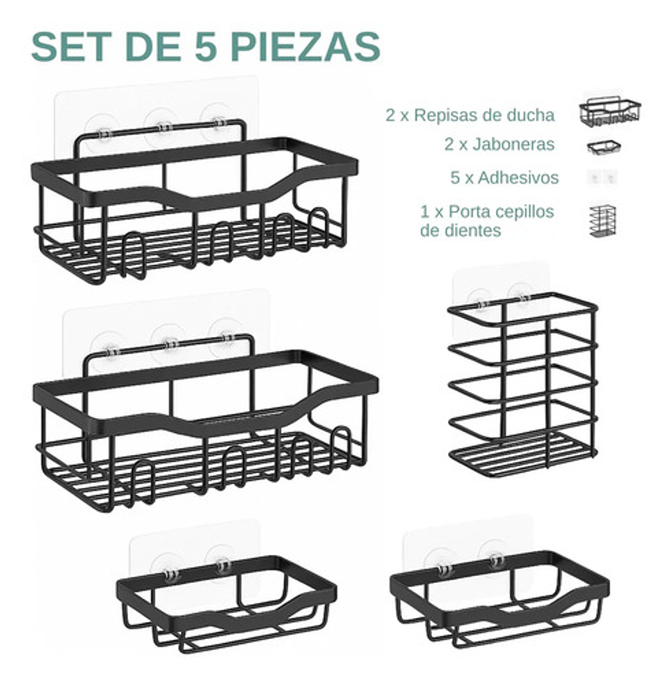Set 5 Estantes Organizadores Baño Esquinero Adhesivo Negro 8