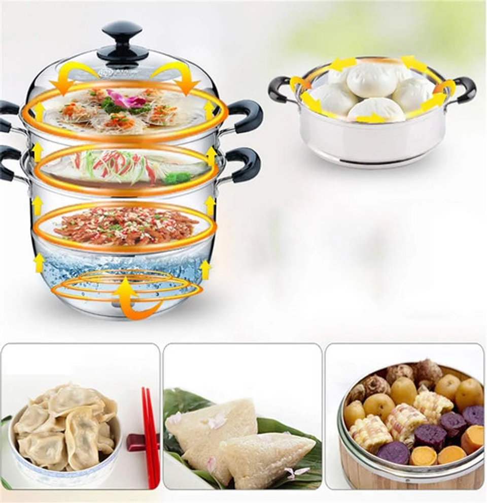 Vaporera Acero Inoxidable 3 Niveles 32cm Cocina Multiuso 7