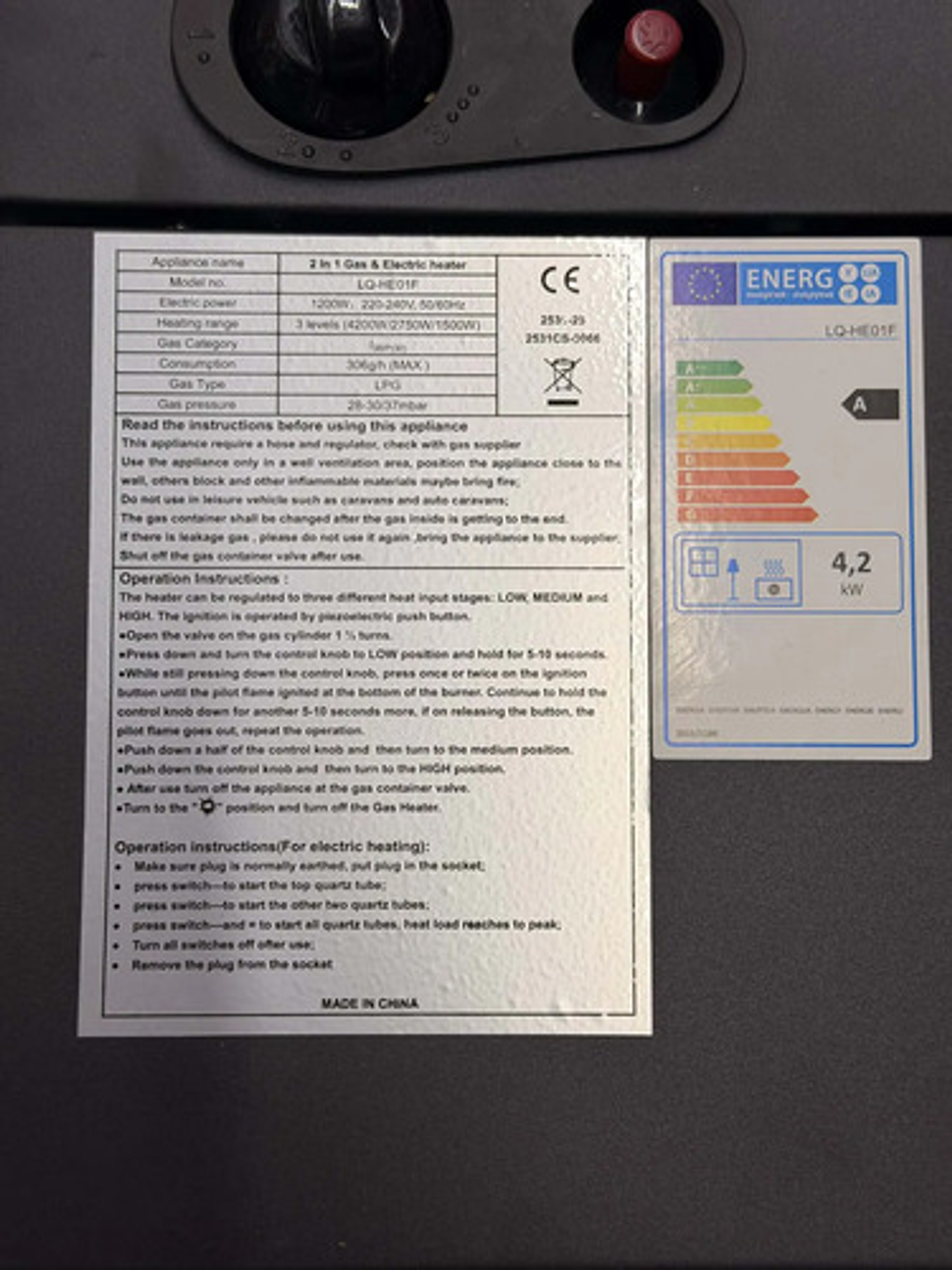 Estufa 2 En 1 Gas Glp Y Eléctrica 4200w Lq-he01f Negro 9