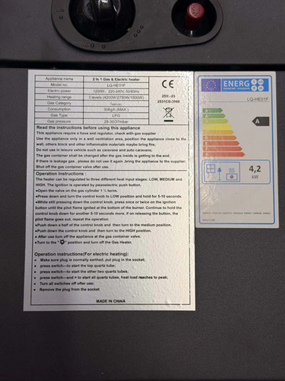 Estufa 2 En 1 Gas Glp Y Eléctrica 4200w Lq-he01f Negro 9