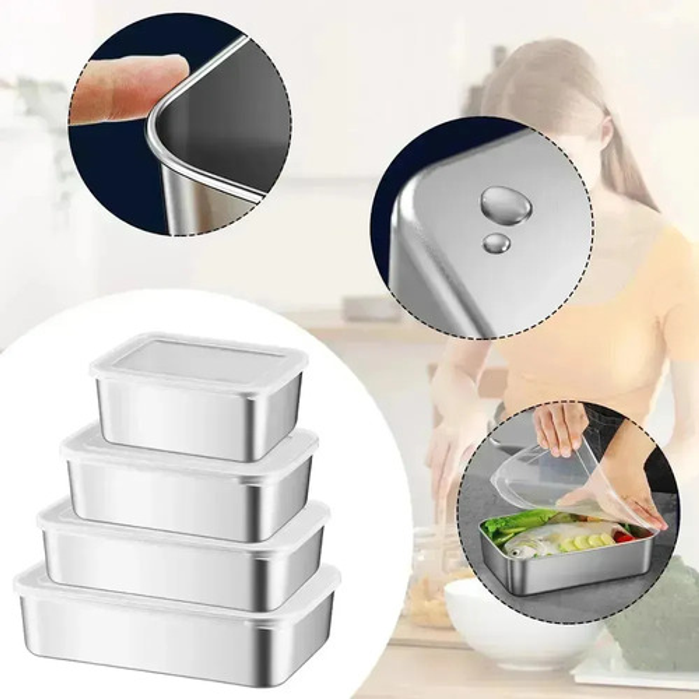 X3 Recipiente Extra Grande Thek 3600ml Acero Inoxidable Pro Plateado 4