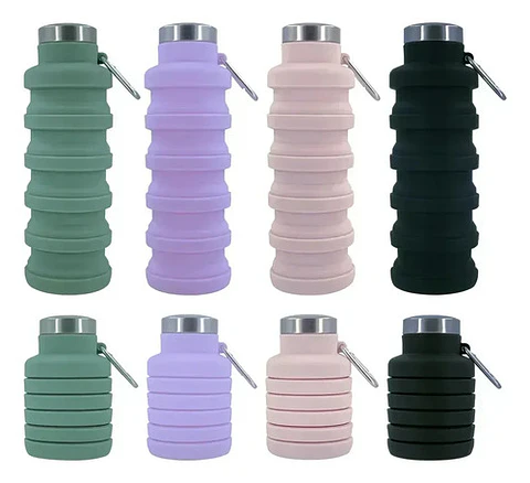 X2 Botella De Agua Plegable Silicona Grado Alimenticio Verde Lila Rosa Pálido Negro