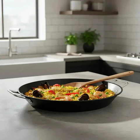 Paellera Acero Carbono 42cm Con Asas Cocina Española Negro