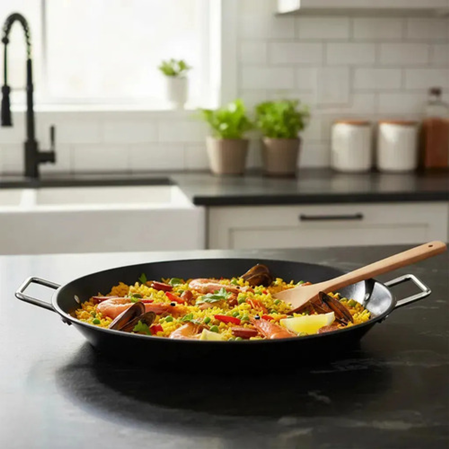 Paellera Acero Carbono 42cm Con Asas Cocina Española Negro 4