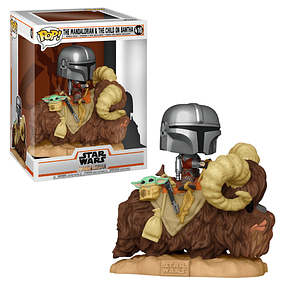 POP figure Star Wars The Mandalorian Mando on Bantha with Child in Bag