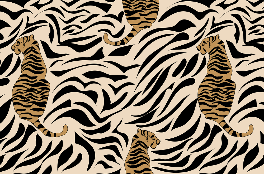 Wild stamp, Modern Animal print with tigers on black beige