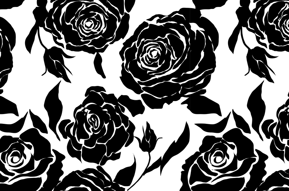 Stencil Roses, black white floral shapes bouquets.