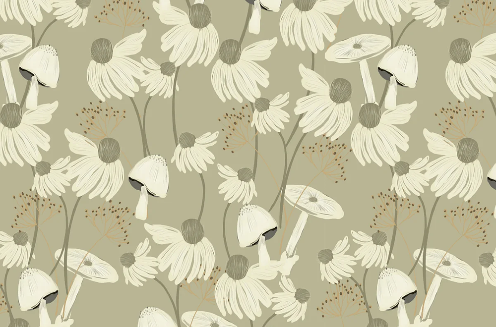 White Meadow, daisies mushrooms