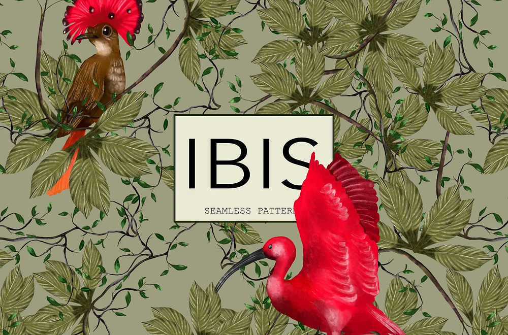Ibis, Jungle Birds Forest Pattern