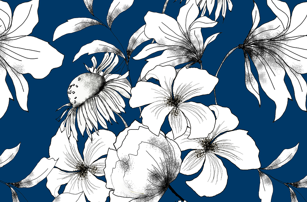 Blue White Bouquet, floral hand drawn