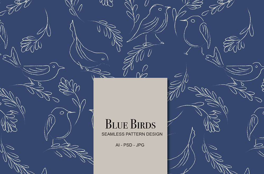 Blue Birds, forest leaves hand drawn