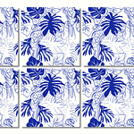 Parrot Jungle, sketch tropical leaves and birds white and blue