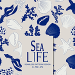 Sea Life, Blue White ocean motifs cartoon