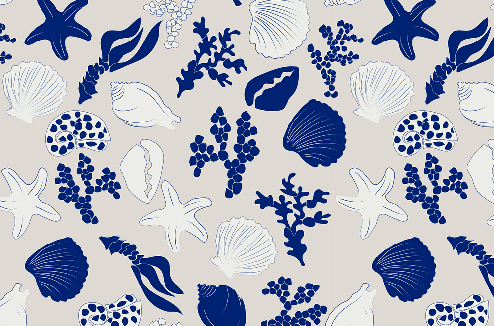 Sea Life, Blue White ocean motifs cartoon