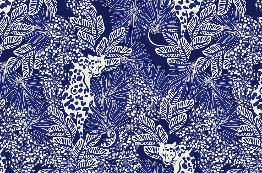 African Night, leopard jungle on blue white 