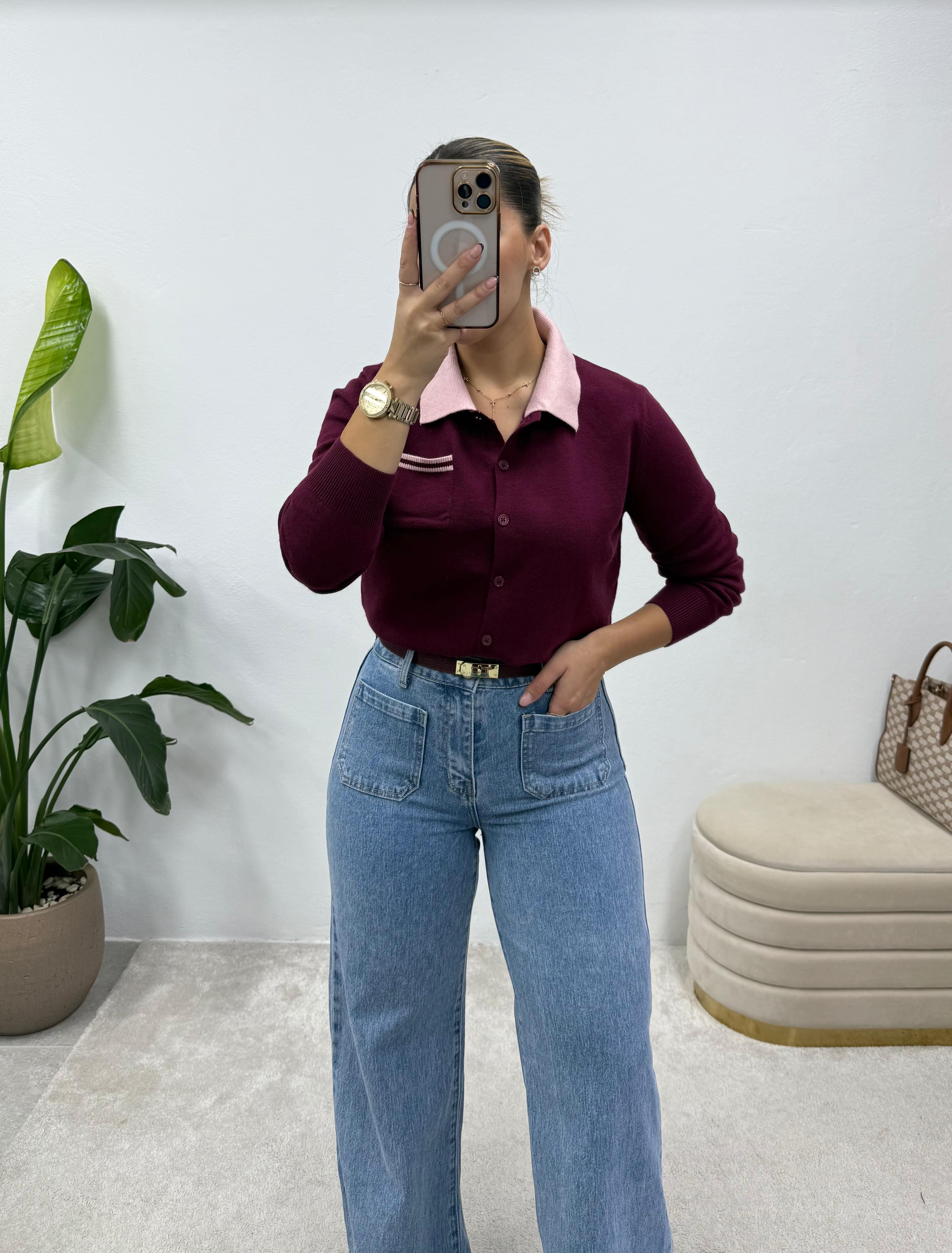 Cardigan Contrast Bordeaux 
