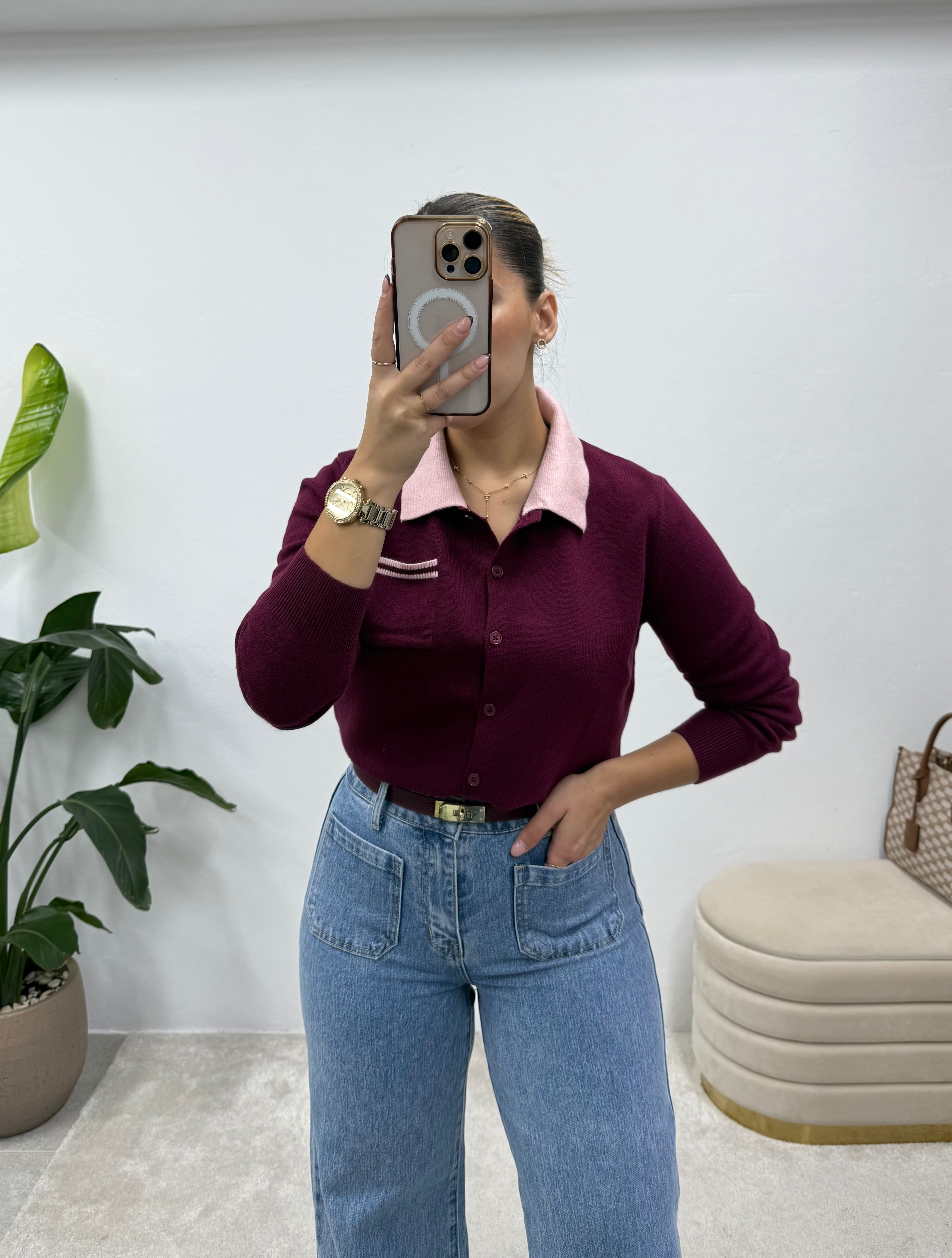 Cardigan Contrast Bordeaux 