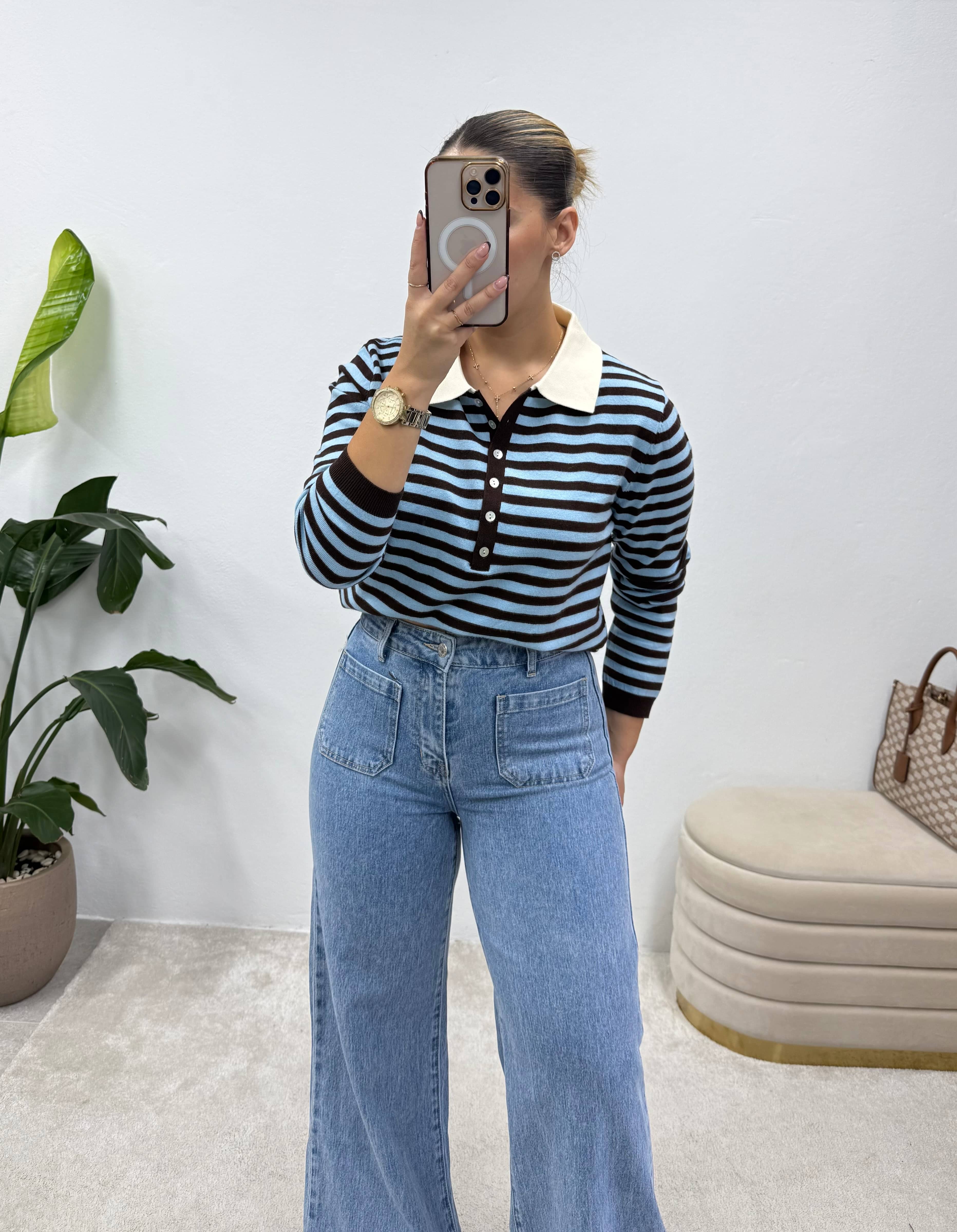 Polo Classic Lines- Castanho/Azul