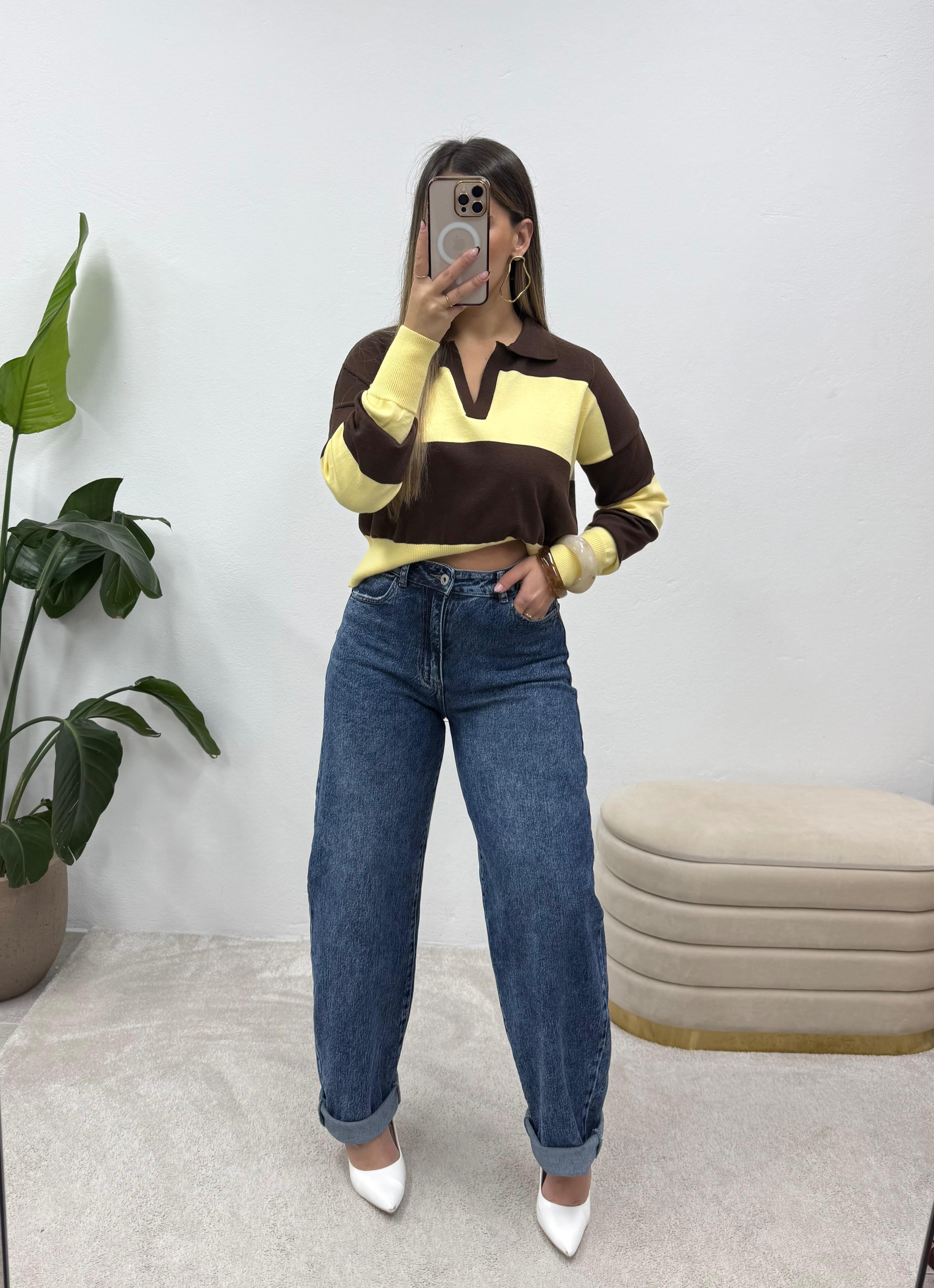 Polo risca amarelo/castanho