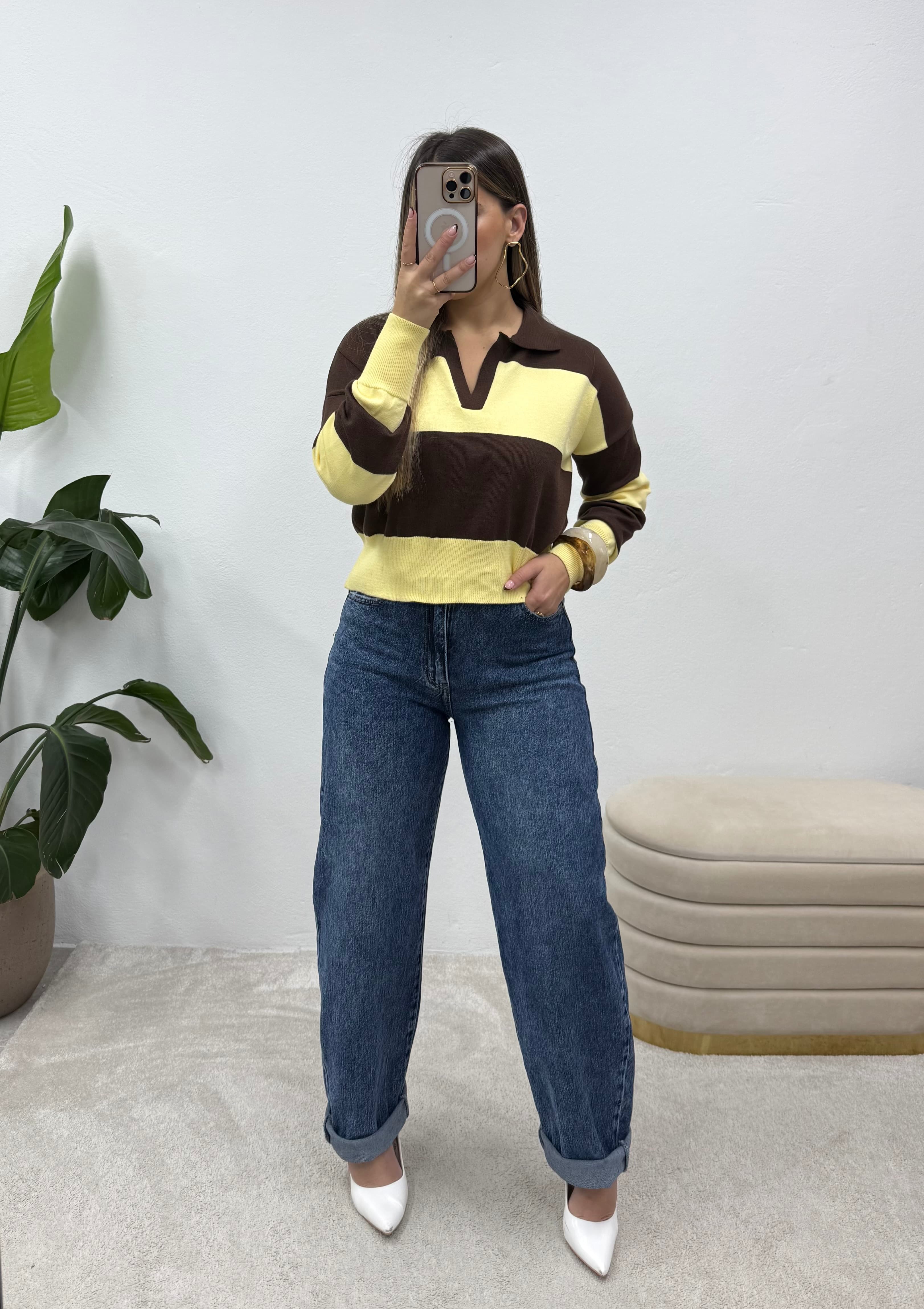 Polo risca amarelo/castanho 3