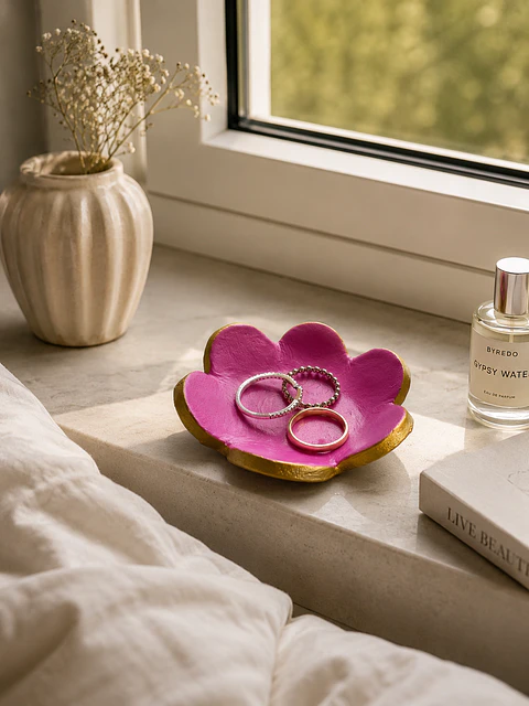 Flor rosa com detalhe em dourado (Porta-Jóias)